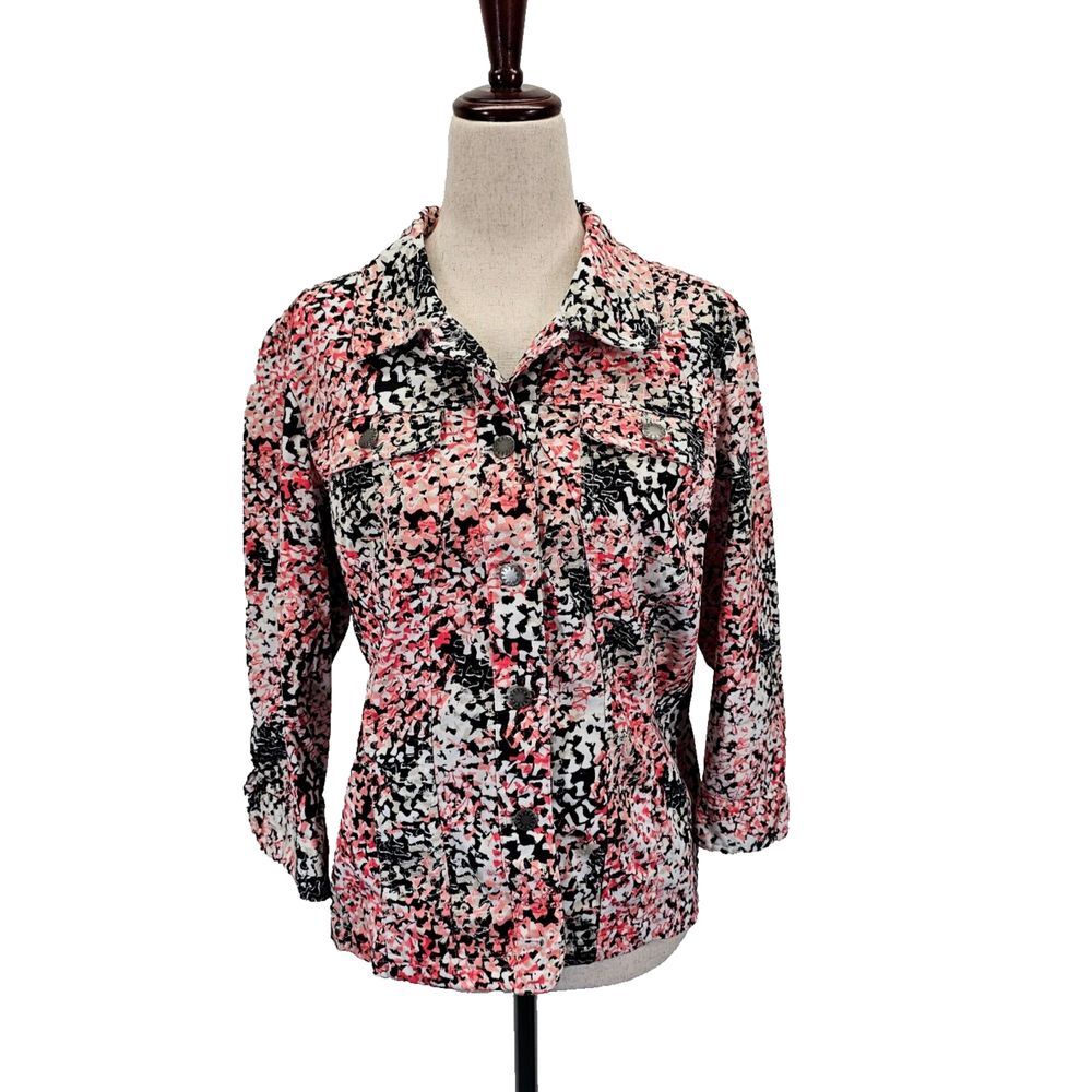 Christopher & Banks Jacket Womens Sz M Button Down‎ Pink Black Abstract Print